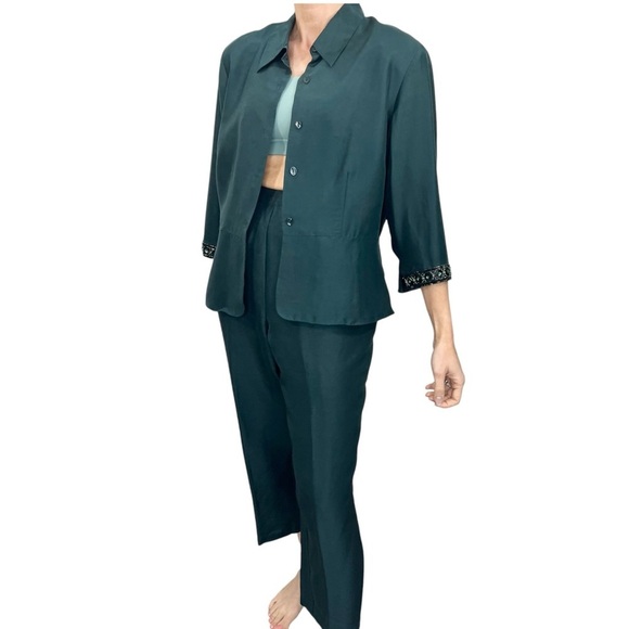 Michel Antoni 100% silk deep teal beaded jacket wide leg trouser suit set 14W - Picture 3 of 17